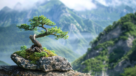 Bonsai tree with a dramatic mountain landscape in the background, creating a picturesque scene.の素材