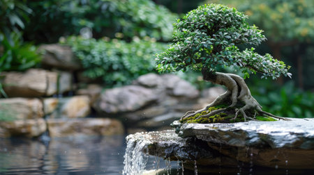 Bonsai tree with a modern twist, placed in a sleek, minimalist white pot on a glass table.の素材