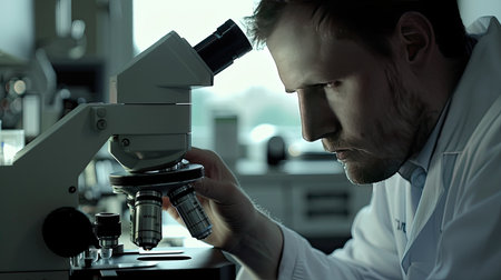 Nanotechnology researcher working with a microscopeの素材