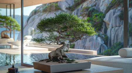 Bonsai tree in a modern interior setting, creating a harmonious blend of nature and architecture.の素材