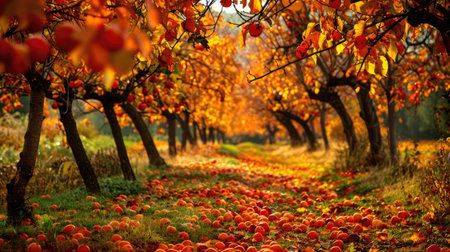Orchard in autumn with colorful foliage and ripe fruitsの素材