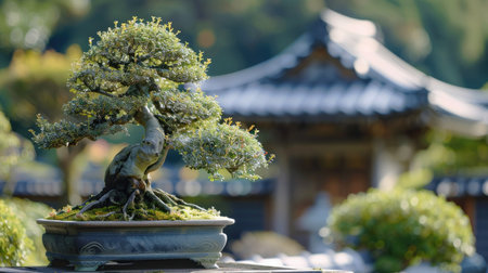 Bonsai tree with a backdrop of traditional Japanese architecture, creating a harmonious scene.の素材