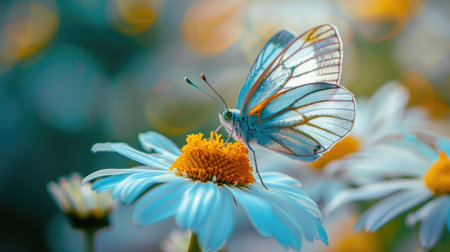 A butterfly with open wings sitting on a daisy, with its colorful petals spread wide.の素材