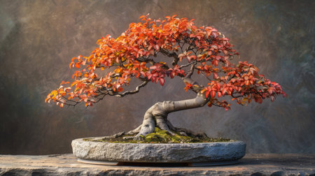 Bonsai tree in autumn colors with fiery red and orange leaves, displayed on a stone pedestal.の素材