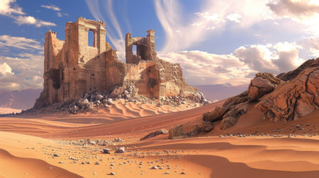 An ancient desert ruin partially buried in the shifting sands.の素材