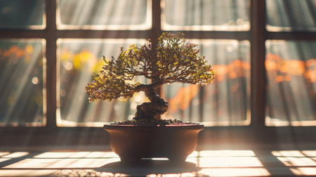 Bonsai tree illuminated by soft morning light, casting gentle shadows on the pot.の素材