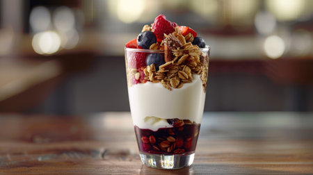 Yogurt parfait with layers of granola, mixed berries, and honey in a clear glass.の素材