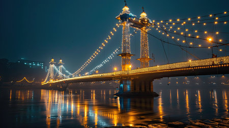 A majestic bridge adorned with twinkling lights, creating a stunning night scene.の素材