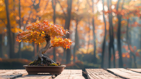 Bonsai tree with vibrant autumn leaves placed on a wooden deck with forest background.の素材