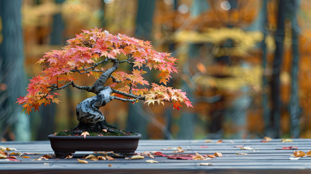 Bonsai tree with vibrant autumn leaves placed on a wooden deck with forest background.の素材