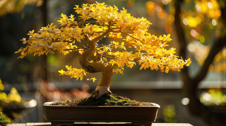 Bonsai tree with golden leaves illuminated by warm autumn sunlight.の素材