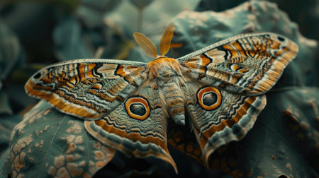 A macro shot of a moth resting on a leaf, showing its intricate wing patterns.の素材