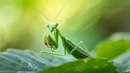 A mantis religiosa (praying mantis) with its front legs folded, ready to pounce.の素材