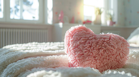 Close-up of the back of a pink love heart-shaped pillow on a cozy white bedspread in a sunlit bedroom.の素材
