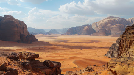 A panoramic view of a desert valley with rocky outcrops and sand dunes.の素材