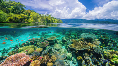 A lagoon with vibrant coral reefs and tropical fish, perfect for scuba diving.の素材