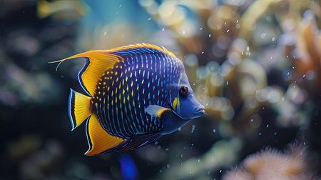 A majestic angelfish swimming gracefully through the water.の素材