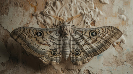 A macro shot of a moth with intricate patterns on its wings resting on a wall.の素材