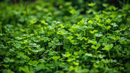 A lush field of green clover, creating a dense and vibrant ground cover.の素材