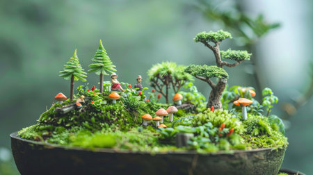 A miniature bonsai forest scene with tiny figurines to create a whimsical landscape.の素材