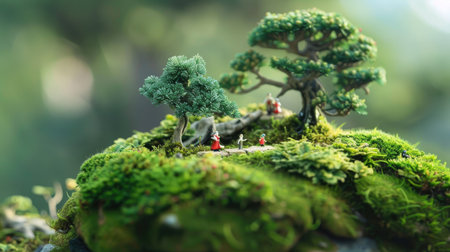 A miniature bonsai forest scene with tiny figurines to create a whimsical landscape.の素材