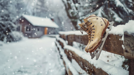A pair of ice skates hanging on a wooden fence with a snowy backdrop.の素材