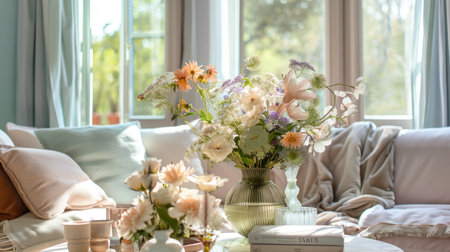 Spring home decor with fresh flowers, pastel colors, and light fabrics, creating a refreshing atmosphere.の素材