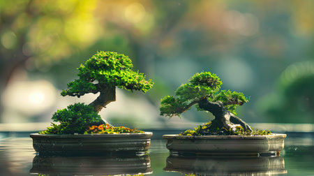 A pair of bonsai trees side by side, representing harmony and balance in nature.の素材
