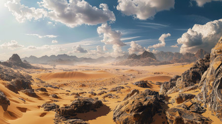 A panoramic view of a desert valley with rocky outcrops and sand dunes.の素材