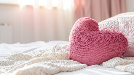 Close-up of the back of a pink love heart-shaped pillow on a cozy white bedspread in a sunlit bedroom.の素材