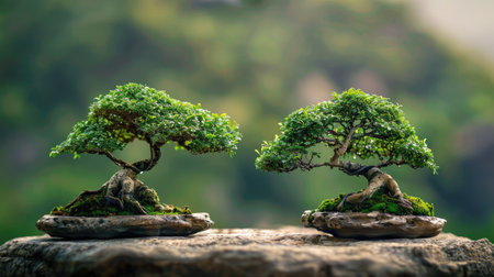 A pair of bonsai trees side by side, representing harmony and balance in nature.の素材