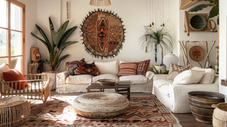 Boho-chic living room with woven baskets, ethnic patterns, and earthy tones.の素材