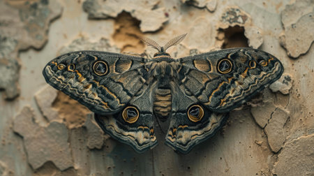 A macro shot of a moth with intricate patterns on its wings resting on a wall.の素材