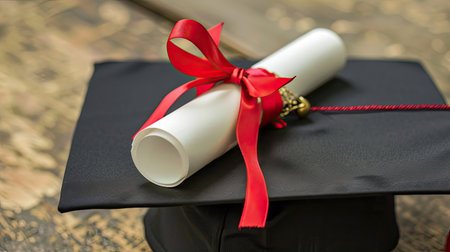 Graduation cap and diploma decorations, celebrating academic achievement.の素材