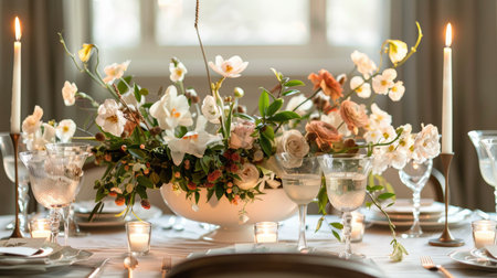 Elegant table setting with floral centerpiece and candles, creating a sophisticated dining atmosphere.の素材