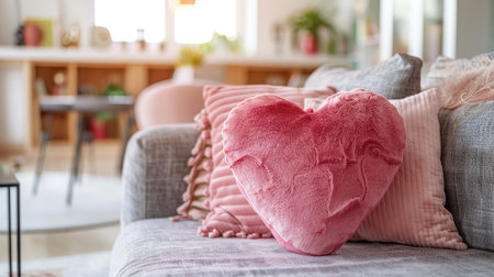 The back of a pink love heart-shaped cushion on a cozy sofa, with a bright living room in the background.の素材