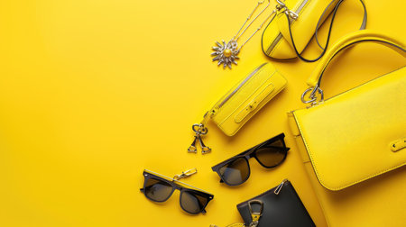 Yellow background with a chic handbag and accessories, perfect for fashion and lifestyle promotions.の素材