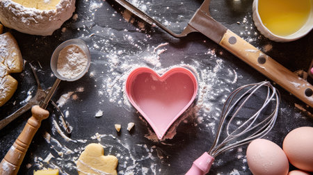 The back of a pink love heart-shaped cookie cutter on a floured surface, with cookie dough and baking tools around it.の素材