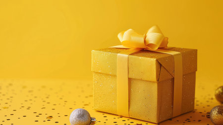 Yellow background with a beautifully wrapped gift box, ideal for birthday and holiday themes.の素材
