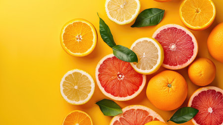 Yellow background with fresh citrus fruits like oranges and grapefruits, highlighting their vibrant and juicy nature.の素材
