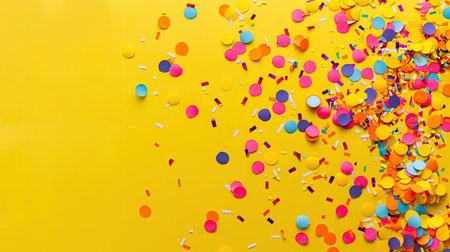 Yellow background with a playful arrangement of colorful confetti, perfect for festive and celebratory designs.の素材