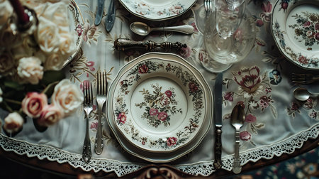 Vintage dining table setup with floral-patterned china, antique silverware, and a lace tablecloth creating a charming old-world feelの素材