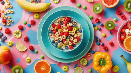 Top view of a vibrant breakfast scene with a bowl of colorful fruit-flavored cereal and milk, surrounded by fresh fruits and a cheerful tableclothの素材