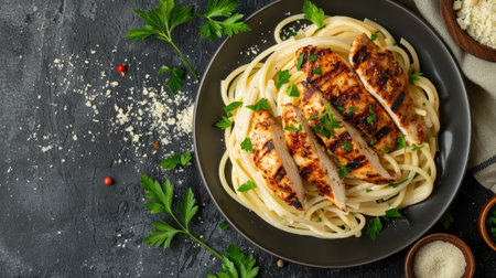 Top view of spaghetti with creamy Alfredo sauce and grilled chicken strips, garnished with parsley.の素材