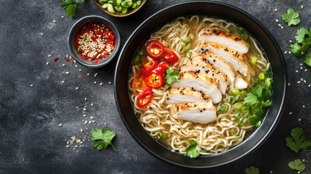 Top view of a ramen bowl with a clear broth, thin noodles, and toppings like chicken slices and fresh herbs.の素材