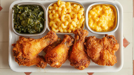 Top view of a platter of fried chicken legs served with a side of macaroni and cheese and collard greens.の素材