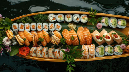 Top view of a sushi boat with salmon sashimi, nigiri, and assorted sushi rolls, garnished with fresh herbs and edible flowers. Suitable for grand and festive dining experiences.の素材