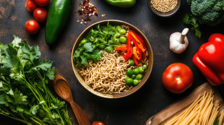 Top view of a ramen bowl with miso broth, ramen noodles, and an array of fresh vegetables, perfect for a healthy meal.の素材