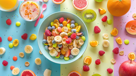 Top view of a vibrant breakfast scene with a bowl of colorful fruit-flavored cereal and milk, surrounded by fresh fruits and a cheerful tableclothの素材
