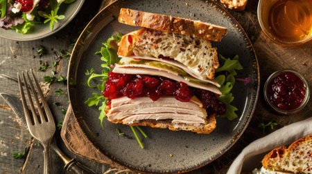 Top view of a turkey cranberry sandwich with roasted turkey, cranberry sauce, and cream cheese on multigrain bread, accompanied by a small salad.の素材
